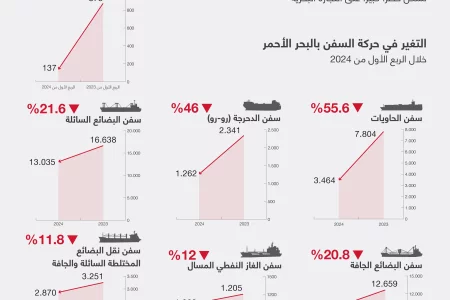 انخفاض عبور سفن الحاويات بالبحر الأحمر بأكثر من النصف في الربع الأول من 2024